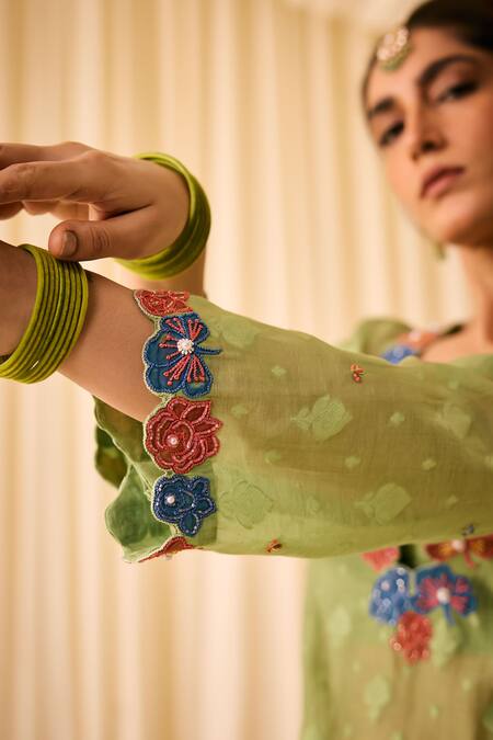 Shop Leela By A Green Jacquard, Cotton Embroidery, Woven Floral Applique Kurta Palazzo Set Online at Aza Fashions Shop_Leela By A_Green Jacquard, Cotton Embroidery, Woven Floral Applique Kurta Palazzo Set _Online_at_Aza_Fashions
