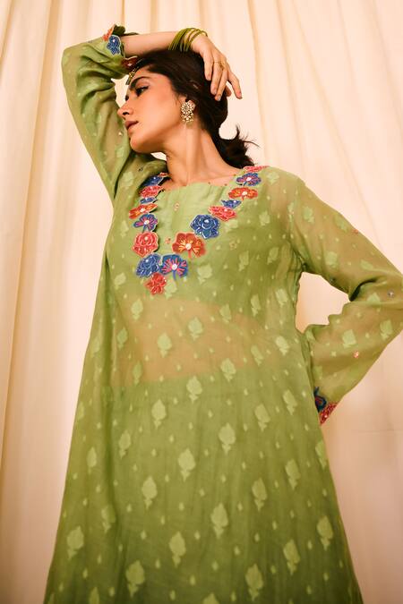 Buy Leela By A Green Jacquard, Cotton Embroidery, Woven Floral Applique Kurta Palazzo Set Buy_Leela By A_Green Jacquard, Cotton Embroidery, Woven Floral Applique Kurta Palazzo Set
