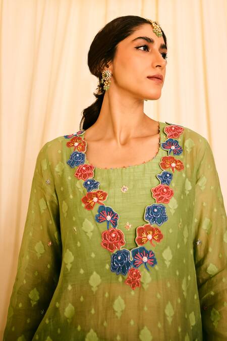 Shop Leela By A Green Jacquard, Cotton Embroidery, Woven Floral Applique Kurta Palazzo Set Shop_Leela By A_Green Jacquard, Cotton Embroidery, Woven Floral Applique Kurta Palazzo Set