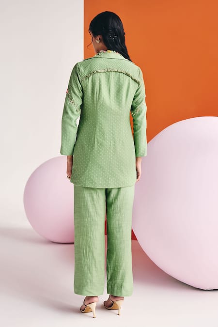 Shop_Leela By A_Green Jacquard, Cotton Sequins, Lace Woven Floral Threadwork Blazer Pant Set _at_Aza_Fashions