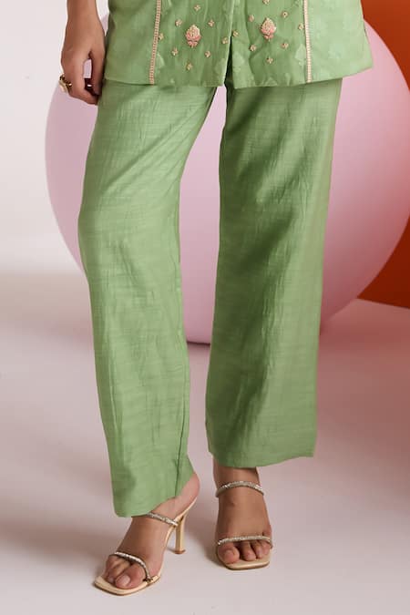 Leela By A_Green Jacquard, Cotton Sequins, Lace Woven Floral Threadwork Blazer Pant Set _Online_at_Aza_Fashions