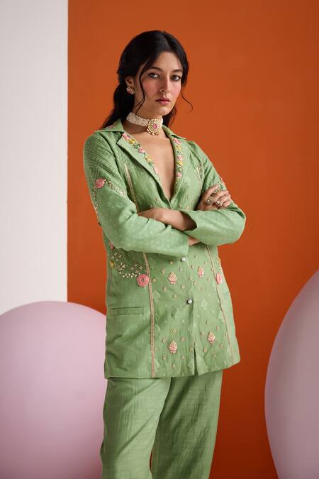 Buy_Leela By A_Green Jacquard, Cotton Sequins, Lace Woven Floral Threadwork Blazer Pant Set _Online_at_Aza_Fashions