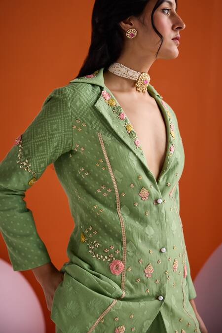 Shop_Leela By A_Green Jacquard, Cotton Sequins, Lace Woven Floral Threadwork Blazer Pant Set _Online_at_Aza_Fashions