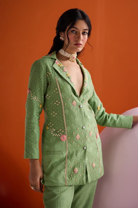 Leela By A_Green Jacquard, Cotton Sequins, Lace Woven Floral Threadwork Blazer Pant Set _at_Aza_Fashions