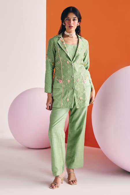 Buy_Leela By A_Green Jacquard, Cotton Sequins, Lace Woven Floral Threadwork Blazer Pant Set 