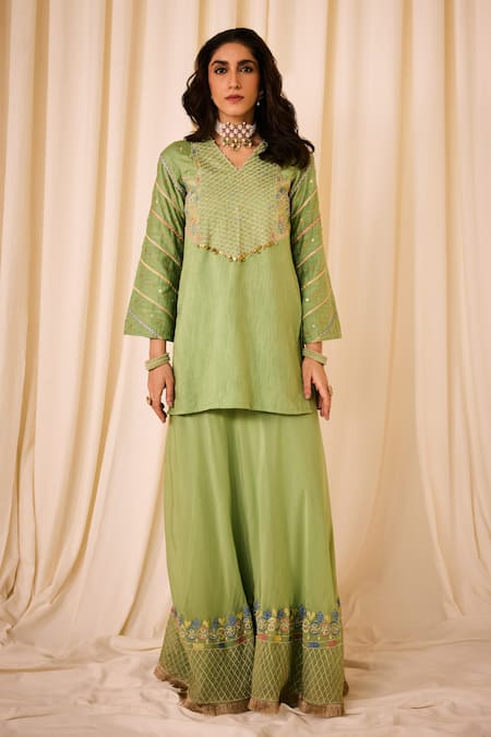 Leela By A_Green Chanderi, Cotton Sequins, Embroidered Floral Checkered Lehenga Kurta Set _Online_at_Aza_Fashions