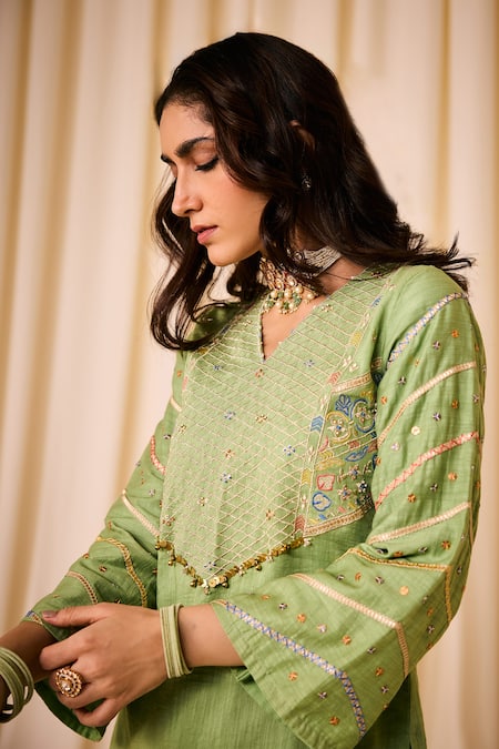 Buy_Leela By A_Green Chanderi, Cotton Sequins, Embroidered Floral Checkered Lehenga Kurta Set _Online_at_Aza_Fashions