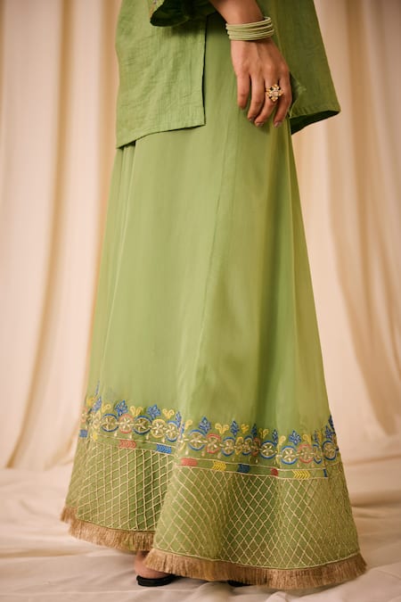 Shop_Leela By A_Green Chanderi, Cotton Sequins, Embroidered Floral Checkered Lehenga Kurta Set _Online_at_Aza_Fashions