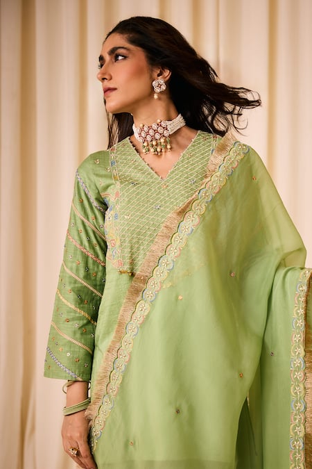 Leela By A_Green Chanderi, Cotton Sequins, Embroidered Floral Checkered Lehenga Kurta Set _at_Aza_Fashions