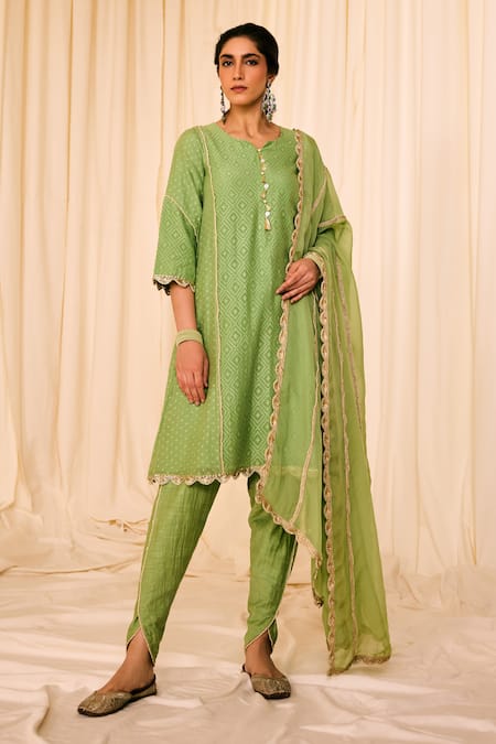 Leela By A Green Jacquard Cotton Woven Lace Notched Geometric Kurta Tulip Pant Set 