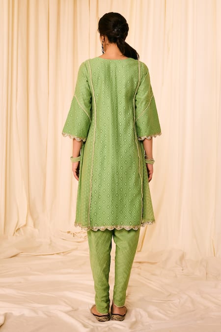 Shop Leela By A Green Jacquard, Cotton, Chiffon Lace, Geometric Woven Kurta Tulip Pant Set at Aza Fashions Shop_Leela By A_Green Jacquard, Cotton, Chiffon Lace, Geometric Woven Kurta Tulip Pant Set _at_Aza_Fashions