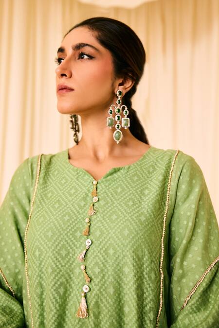 Buy Leela By A Green Jacquard, Cotton, Chiffon Lace, Geometric Woven Kurta Tulip Pant Set Online at Aza Fashions Buy_Leela By A_Green Jacquard, Cotton, Chiffon Lace, Geometric Woven Kurta Tulip Pant Set _Online_at_Aza_Fashions