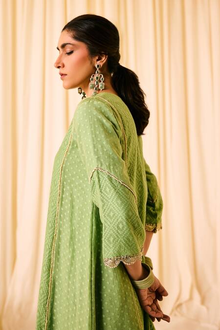 Shop Leela By A Green Jacquard, Cotton, Chiffon Lace, Geometric Woven Kurta Tulip Pant Set Online at Aza Fashions Shop_Leela By A_Green Jacquard, Cotton, Chiffon Lace, Geometric Woven Kurta Tulip Pant Set _Online_at_Aza_Fashions