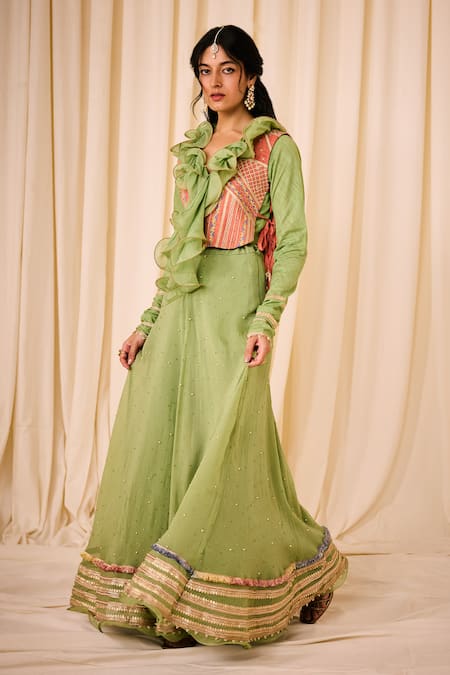 Leela By A_Green Chanderi, Cotton Sequins, Zari, Beads Lehenga Set With Embroidered Bib _Online_at_Aza_Fashions
