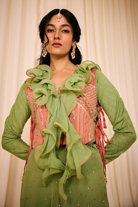 Buy_Leela By A_Green Chanderi, Cotton Sequins, Zari, Beads Lehenga Set With Embroidered Bib _Online_at_Aza_Fashions