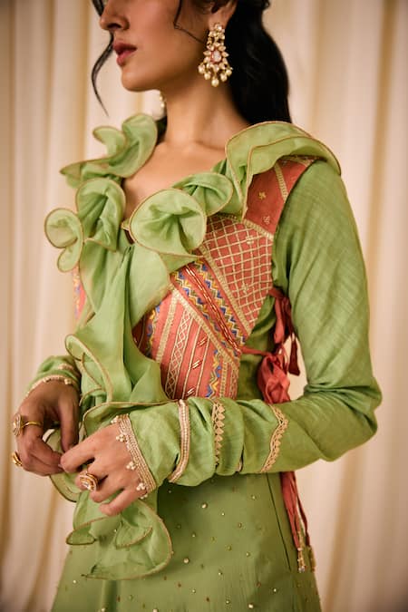 Shop_Leela By A_Green Chanderi, Cotton Sequins, Zari, Beads Lehenga Set With Embroidered Bib _Online_at_Aza_Fashions