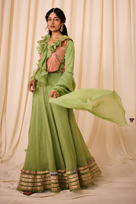 Leela By A_Green Chanderi, Cotton Sequins, Zari, Beads Lehenga Set With Embroidered Bib _at_Aza_Fashions
