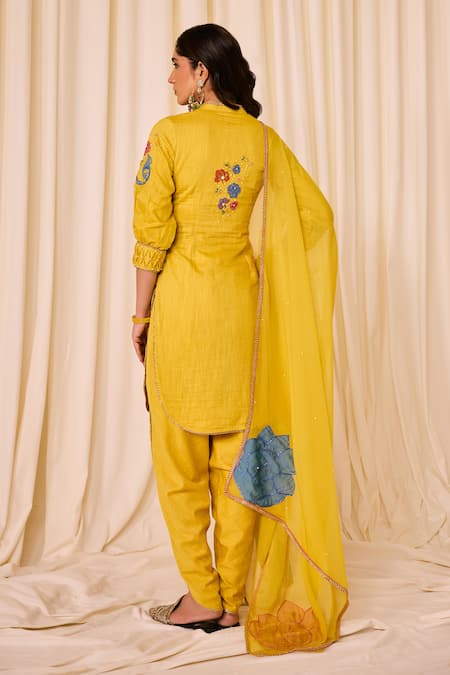 Shop Leela By A Yellow Chanderi, Cotton Applique, Floral Bird Embroidered Kurta Tulip Pant Set at Aza Fashions Shop_Leela By A_Yellow Chanderi, Cotton Applique, Floral Bird Embroidered Kurta Tulip Pant Set _at_Aza_Fashions