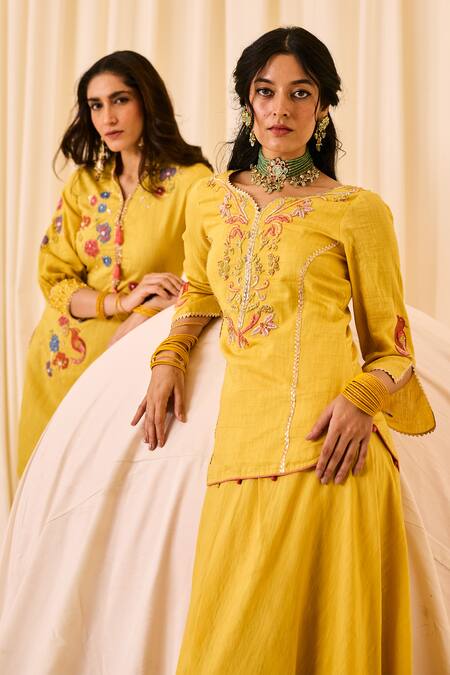 Leela By A Yellow Chanderi, Cotton Applique, Floral Bird Embroidered Kurta Tulip Pant Set Online at Aza Fashions Leela By A_Yellow Chanderi, Cotton Applique, Floral Bird Embroidered Kurta Tulip Pant Set _Online_at_Aza_Fashions