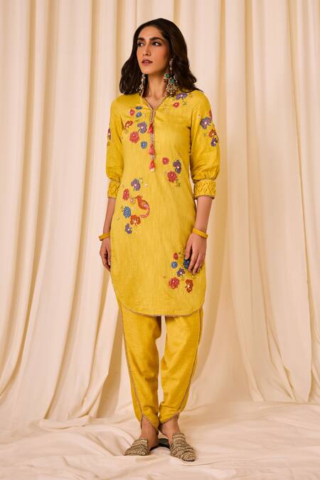 Buy Leela By A Yellow Chanderi, Cotton Applique, Floral Bird Embroidered Kurta Tulip Pant Set Online at Aza Fashions Buy_Leela By A_Yellow Chanderi, Cotton Applique, Floral Bird Embroidered Kurta Tulip Pant Set _Online_at_Aza_Fashions