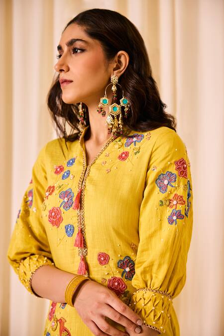 Shop Leela By A Yellow Chanderi, Cotton Applique, Floral Bird Embroidered Kurta Tulip Pant Set Online at Aza Fashions Shop_Leela By A_Yellow Chanderi, Cotton Applique, Floral Bird Embroidered Kurta Tulip Pant Set _Online_at_Aza_Fashions