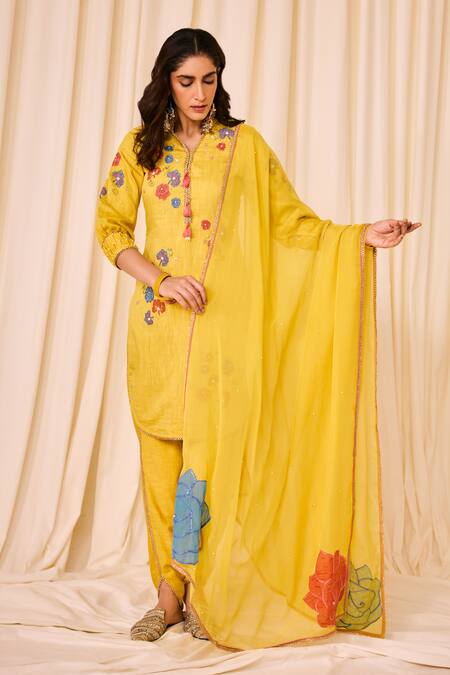 Leela By A Yellow Chanderi, Cotton Applique, Floral Bird Embroidered Kurta Tulip Pant Set at Aza Fashions Leela By A_Yellow Chanderi, Cotton Applique, Floral Bird Embroidered Kurta Tulip Pant Set _at_Aza_Fashions