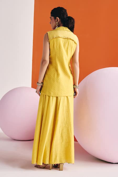 Shop Leela By A Yellow Chanderi, Cotton Pearls, Floral Threadwork Woven Blazer Draped Skirt Set at Aza Fashions Shop_Leela By A_Yellow Chanderi, Cotton Pearls, Floral Threadwork Woven Blazer Draped Skirt Set _at_Aza_Fashions