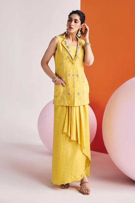 Leela By A Yellow Chanderi, Cotton Pearls, Floral Threadwork Woven Blazer Draped Skirt Set Online at Aza Fashions Leela By A_Yellow Chanderi, Cotton Pearls, Floral Threadwork Woven Blazer Draped Skirt Set _Online_at_Aza_Fashions