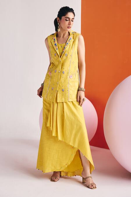 Buy Leela By A Yellow Chanderi, Cotton Pearls, Floral Threadwork Woven Blazer Draped Skirt Set Online at Aza Fashions Buy_Leela By A_Yellow Chanderi, Cotton Pearls, Floral Threadwork Woven Blazer Draped Skirt Set _Online_at_Aza_Fashions