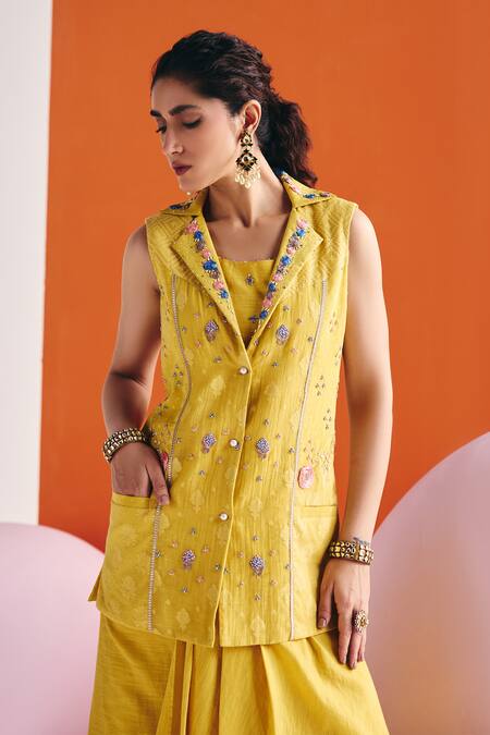 Shop Leela By A Yellow Chanderi, Cotton Pearls, Floral Threadwork Woven Blazer Draped Skirt Set Online at Aza Fashions Shop_Leela By A_Yellow Chanderi, Cotton Pearls, Floral Threadwork Woven Blazer Draped Skirt Set _Online_at_Aza_Fashions