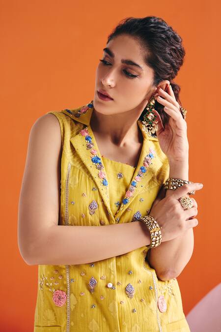 Leela By A Yellow Chanderi, Cotton Pearls, Floral Threadwork Woven Blazer Draped Skirt Set at Aza Fashions Leela By A_Yellow Chanderi, Cotton Pearls, Floral Threadwork Woven Blazer Draped Skirt Set _at_Aza_Fashions