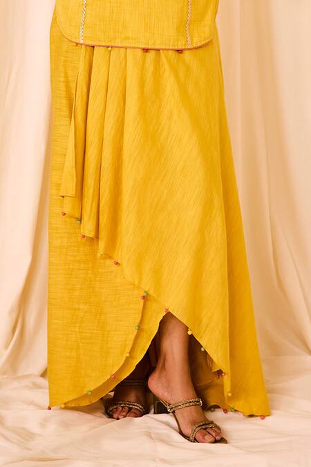 Buy Leela By A Yellow Chanderi, Cotton Sequins, Floral Threadwork Kurta With Draped Skirt Online at Aza Fashions Buy_Leela By A_Yellow Chanderi, Cotton Sequins, Floral Threadwork Kurta With Draped Skirt _Online_at_Aza_Fashions