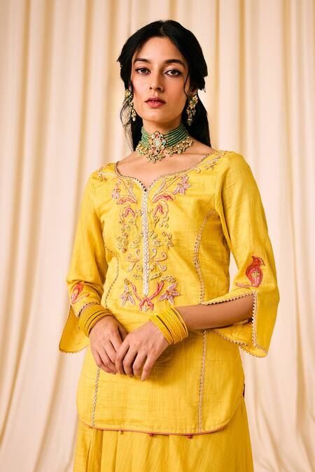 Shop Leela By A Yellow Chanderi, Cotton Sequins, Floral Threadwork Kurta With Draped Skirt Online at Aza Fashions Shop_Leela By A_Yellow Chanderi, Cotton Sequins, Floral Threadwork Kurta With Draped Skirt _Online_at_Aza_Fashions