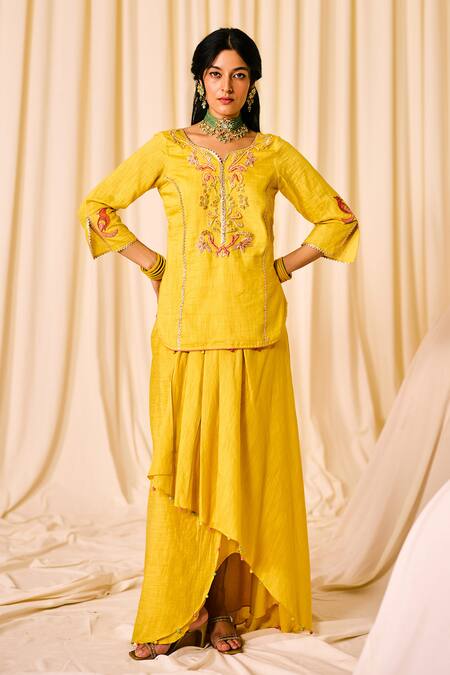 Leela By A Yellow Chanderi, Cotton Sequins, Floral Threadwork Kurta With Draped Skirt at Aza Fashions Leela By A_Yellow Chanderi, Cotton Sequins, Floral Threadwork Kurta With Draped Skirt _at_Aza_Fashions