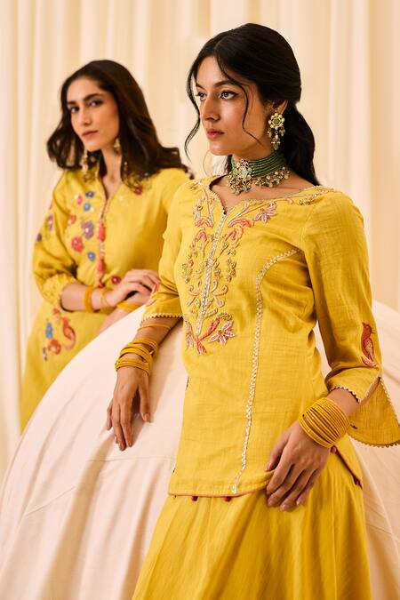 Buy Leela By A Yellow Chanderi, Cotton Sequins, Floral Threadwork Kurta With Draped Skirt Buy_Leela By A_Yellow Chanderi, Cotton Sequins, Floral Threadwork Kurta With Draped Skirt