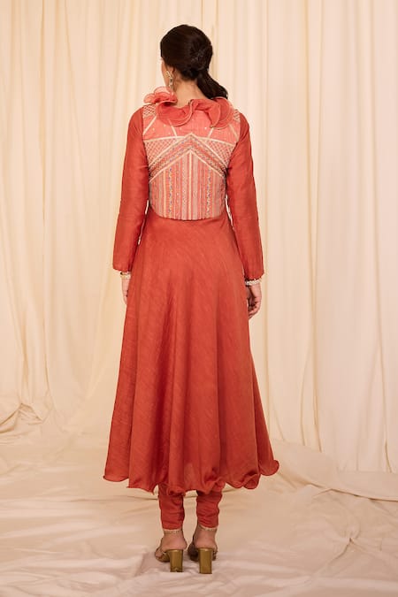 Shop Leela By A Peach Chanderi, Cotton Zari, Embroidery Round Neck Solid Anarakali Set With Bib at Aza Fashions Shop_Leela By A_Peach Chanderi, Cotton Zari, Embroidery Round Neck Solid Anarakali Set With Bib _at_Aza_Fashions