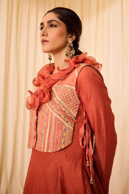 Buy Leela By A Peach Chanderi, Cotton Zari, Embroidery Round Neck Solid Anarakali Set With Bib Online at Aza Fashions Buy_Leela By A_Peach Chanderi, Cotton Zari, Embroidery Round Neck Solid Anarakali Set With Bib _Online_at_Aza_Fashions