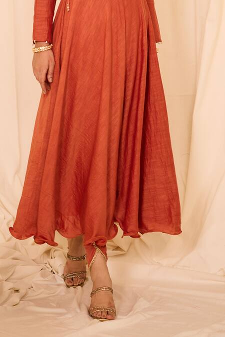 Leela By A Peach Chanderi, Cotton Zari, Embroidery Round Neck Solid Anarakali Set With Bib at Aza Fashions Leela By A_Peach Chanderi, Cotton Zari, Embroidery Round Neck Solid Anarakali Set With Bib _at_Aza_Fashions