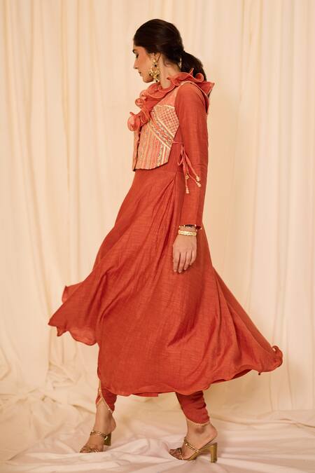 Buy Leela By A Peach Chanderi, Cotton Zari, Embroidery Round Neck Solid Anarakali Set With Bib Buy_Leela By A_Peach Chanderi, Cotton Zari, Embroidery Round Neck Solid Anarakali Set With Bib