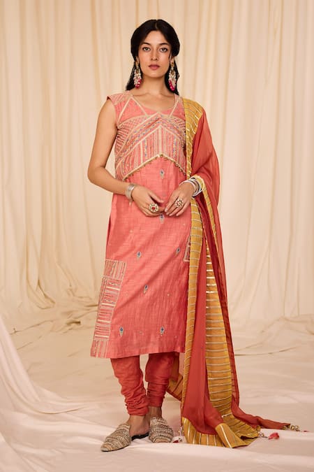 Leela By A Geometric Thread Embroidered Kurta Churidar Set 