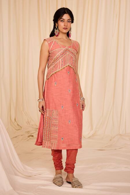 Shop Leela By A Peach Chanderi, Cotton Lace, Sequins, Geometric Thread Kurta Churidar Set Online at Aza Fashions Shop_Leela By A_Peach Chanderi, Cotton Lace, Sequins, Geometric Thread Kurta Churidar Set _Online_at_Aza_Fashions