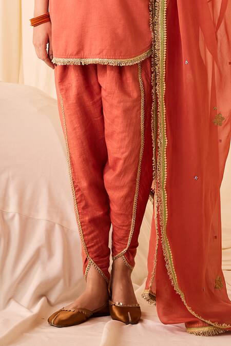 Leela By A Peach Chanderi, Cotton Tassels, Lace Zari Embroidered Kurta Tulip Pant Set Online at Aza Fashions Leela By A_Peach Chanderi, Cotton Tassels, Lace Zari Embroidered Kurta Tulip Pant Set _Online_at_Aza_Fashions