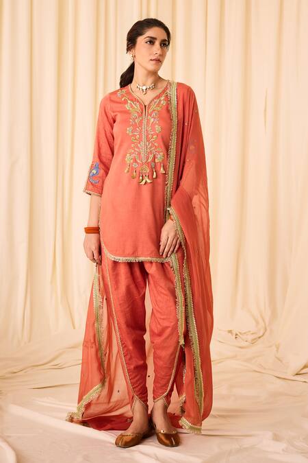 Buy Leela By A Peach Chanderi, Cotton Tassels, Lace Zari Embroidered Kurta Tulip Pant Set Online at Aza Fashions Buy_Leela By A_Peach Chanderi, Cotton Tassels, Lace Zari Embroidered Kurta Tulip Pant Set _Online_at_Aza_Fashions