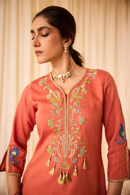 Shop Leela By A Peach Chanderi, Cotton Tassels, Lace Zari Embroidered Kurta Tulip Pant Set Online at Aza Fashions Shop_Leela By A_Peach Chanderi, Cotton Tassels, Lace Zari Embroidered Kurta Tulip Pant Set _Online_at_Aza_Fashions