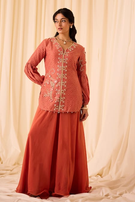 Leela By A Peach Chanderi Slub Embroidered Threadwork Zari Woven Jacket With Palazzo 