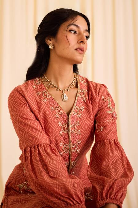 Leela By A Peach Chanderi, Cotton Beads, Zari Split Embroidered Woven Jacket With Palazzo Online at Aza Fashions Leela By A_Peach Chanderi, Cotton Beads, Zari Split Embroidered Woven Jacket With Palazzo _Online_at_Aza_Fashions