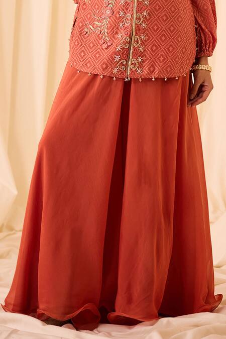 Buy Leela By A Peach Chanderi, Cotton Beads, Zari Split Embroidered Woven Jacket With Palazzo Online at Aza Fashions Buy_Leela By A_Peach Chanderi, Cotton Beads, Zari Split Embroidered Woven Jacket With Palazzo _Online_at_Aza_Fashions