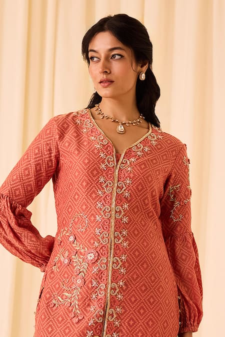 Shop Leela By A Peach Chanderi, Cotton Beads, Zari Split Embroidered Woven Jacket With Palazzo Online at Aza Fashions Shop_Leela By A_Peach Chanderi, Cotton Beads, Zari Split Embroidered Woven Jacket With Palazzo _Online_at_Aza_Fashions
