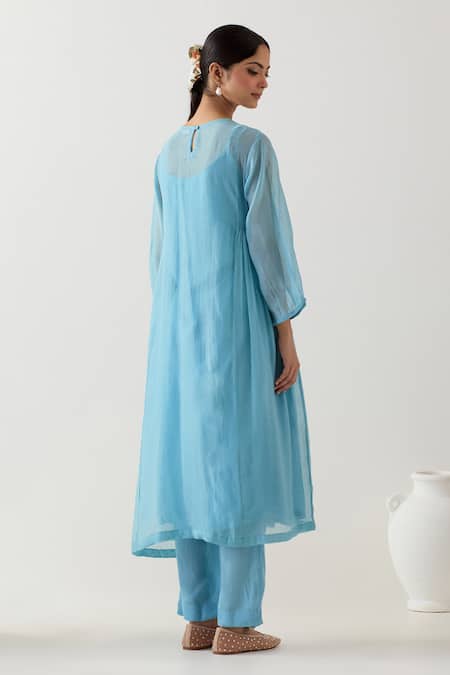 Shop Tatwa Blue Chanderi Silk Embroidery, Sequins Round Floral Patchwork Kurta And Pant Set at Aza Fashions Shop_Tatwa_Blue Chanderi Silk Embroidery, Sequins Round Floral Patchwork Kurta And Pant Set _at_Aza_Fashions