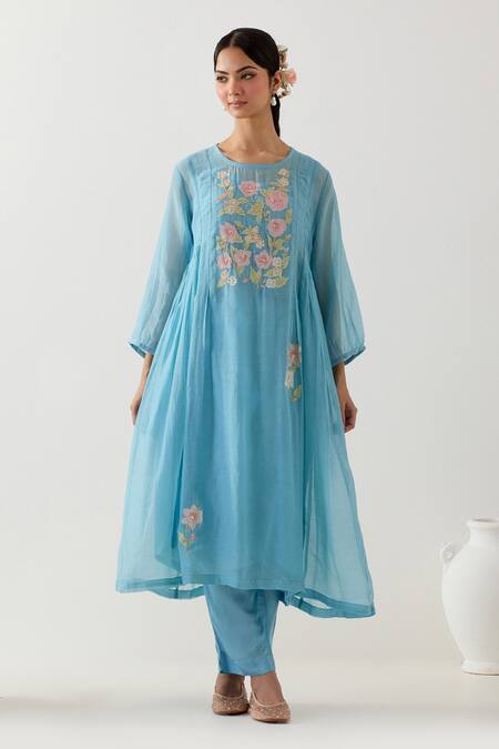 Tatwa Blue Chanderi Silk Embroidery, Sequins Round Floral Patchwork Kurta And Pant Set Online at Aza Fashions Tatwa_Blue Chanderi Silk Embroidery, Sequins Round Floral Patchwork Kurta And Pant Set _Online_at_Aza_Fashions